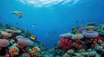 Fototapeta premium Vibrant coral reef teeming with marine life. Sunlight streams through the water, highlighting a diverse array of colorful coral formations, fish, and a sea turtle. A manta ray glides gracefully