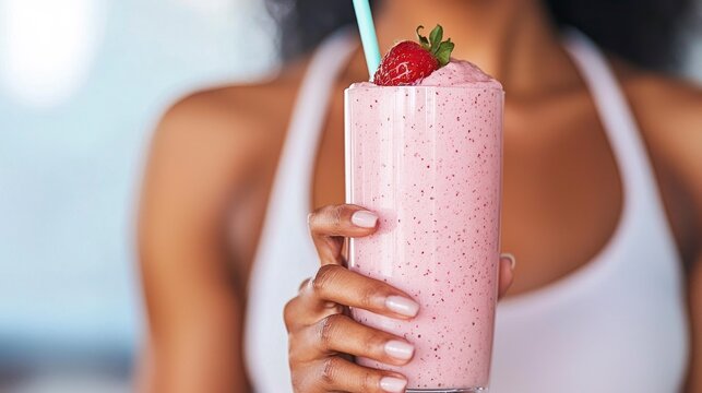 Young woman holding strawberry smoothie in kitchen for Farmcore  