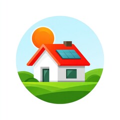 Fototapeta premium Cartoon house with solar panels on a circle background