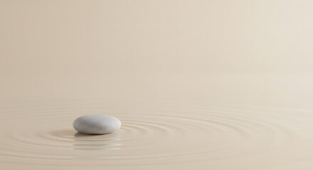A smooth stone rests in water, creating concentric ripples on a beige background.
