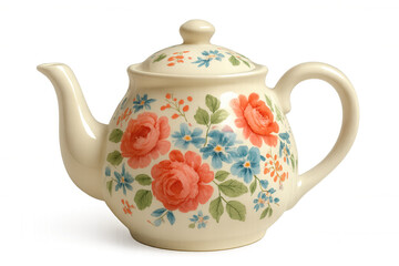 Classic ceramic teapot featuring a delicate floral pattern, isolated on a transparent background, perfect for various design projects