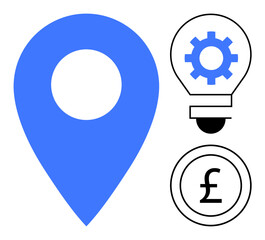 Blue map pin alongside a light bulb with a gear and currency coin with the pound sign. Ideal for navigation, innovation, financial planning, global connectivity, creativity, business strategy, simple