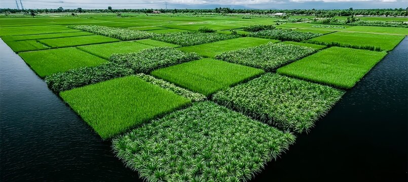 Aerial View of Patterned Paddy Fields in Triangular Farmlands, Showcasing Green Agriculture Mosaic