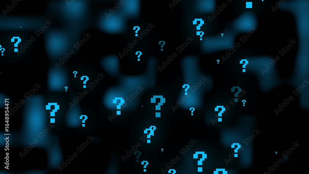 Poster blue pixelated question marks on dark background query