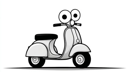 Cartoon scooter with big eyes and a smiling face. The scooter is white and has a black seat