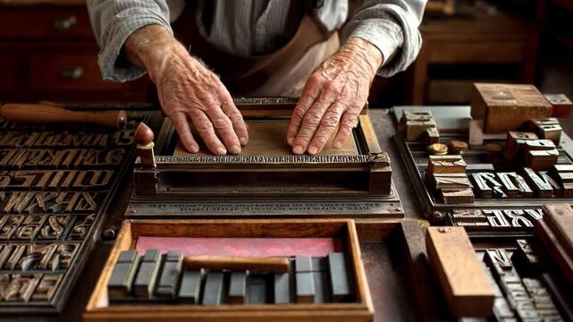 Side view of an artisan pressing handmade paper on a cast-iron letterpress, surrounded by drawers of movable type and wooden.