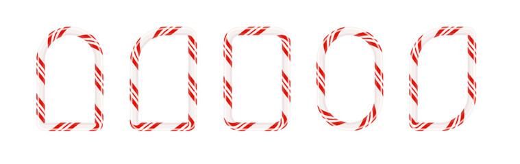 Obraz premium Christmas candy cane frame with red, and white stripes PNG. Festive border with candy lollipop pattern for New Year greeting cards and holiday designs