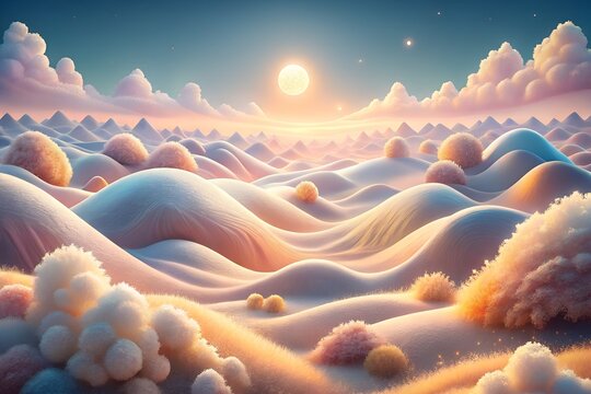 A serene landscape with pastel colored rolling hills under a sunset sky and fluffy clouds
