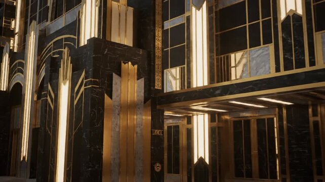 Art Deco Architecture: 1920s Geometric Building Facade - A detailed close-up of an Art Deco building's exterior, showcasing its geometric design, black marble, gold accents, and illuminated