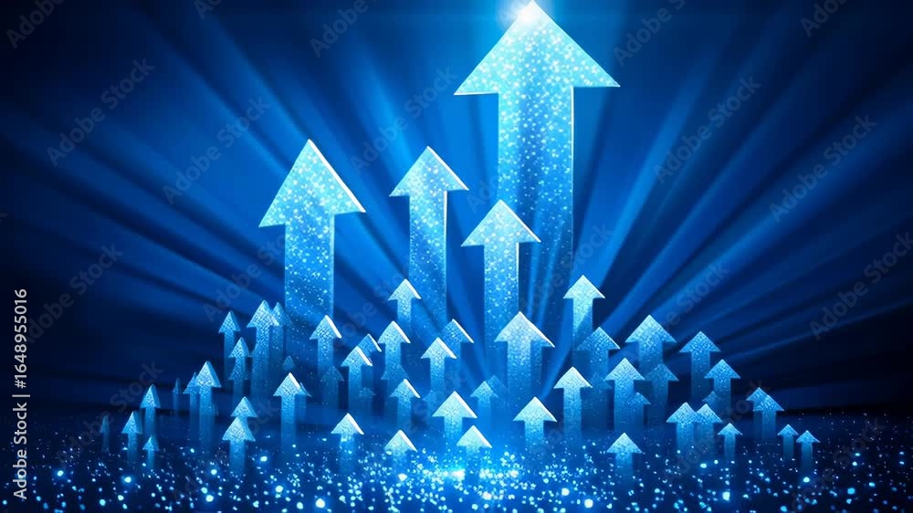 Poster glowing upward arrows composed of sparkling light signify growth and success. visual setting feature