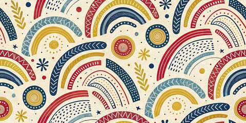 Fototapeta premium Vibrant bohemian rainbow patterns with sun motifs and playful textures for joyful design projects.