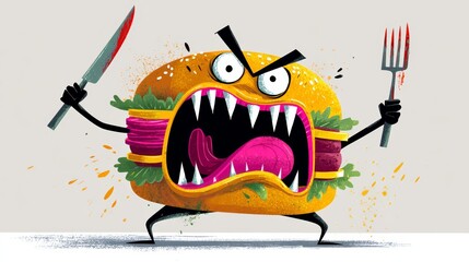 Cartoon of a sandwich with a knife and fork in its mouth. The sandwich is angry and has a menacing look on its face