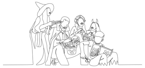 minimalist continuous line illustration showing a group of children dressed in various Halloween costumes. On the left, a child wears a large witch hat and a long robe, appearing to hand out candy