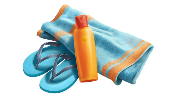 Beach towel with sunscreen bottle and flip-flops, isolated on transparent background