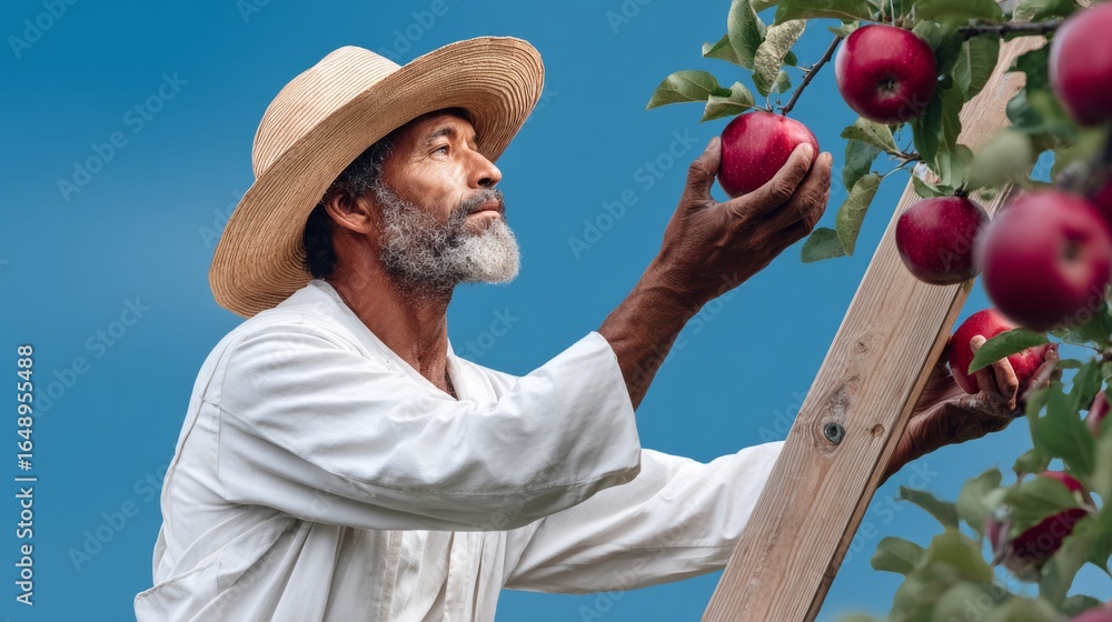 Poster man in a straw hat is picking apples from a tree. the apples are ripe and ready to be picked