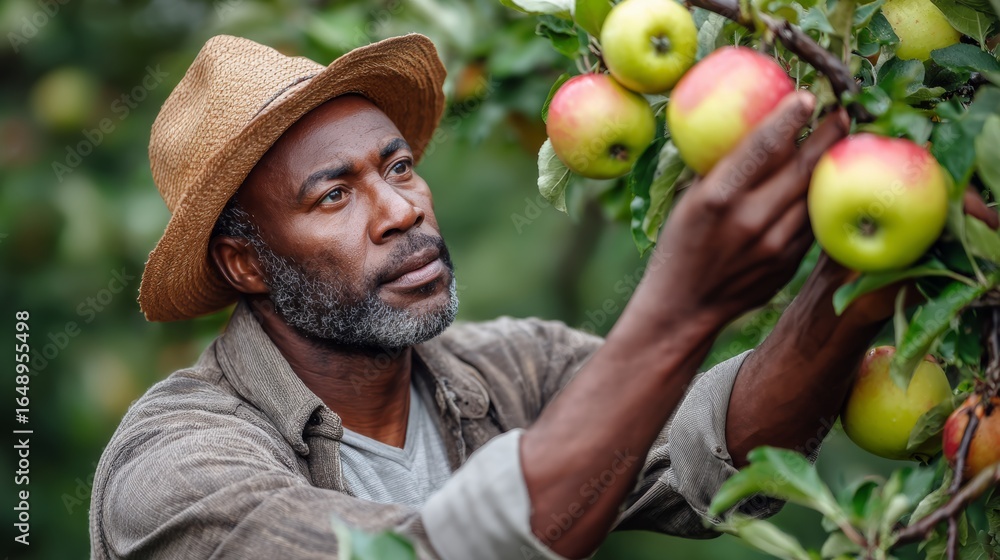 Poster man wearing a straw hat is picking apples from a tree. he is reaching for the apples with his right 