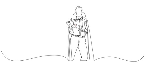 minimalist continuous line drawing of a person dressed as a vampire. The figure wears a long cape with a high collar, typical of classic vampire costumes