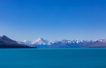 Landscape view of  Mount Cook landscape with blue on Lake Pukaki, the highest mountain in New...