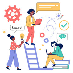 Diverse characters collaborating on research teamwork