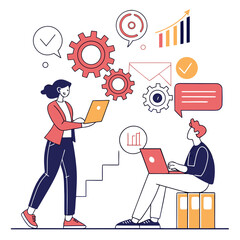 Business characters working with laptops and gears