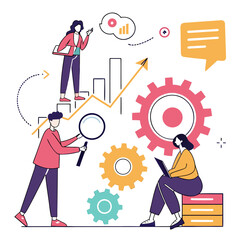 Business characters analyzing data and collaborating