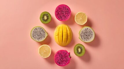 Tropical Fruit Circle on Pink Background: Mango, Kiwi, Dragon Fruit & Lemon Arrangement