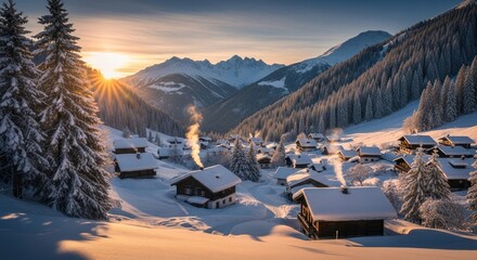 Winter wonderland village at sunrise. Snowy alpine houses nestled in a valley, with majestic mountains in the background, as the sun rises