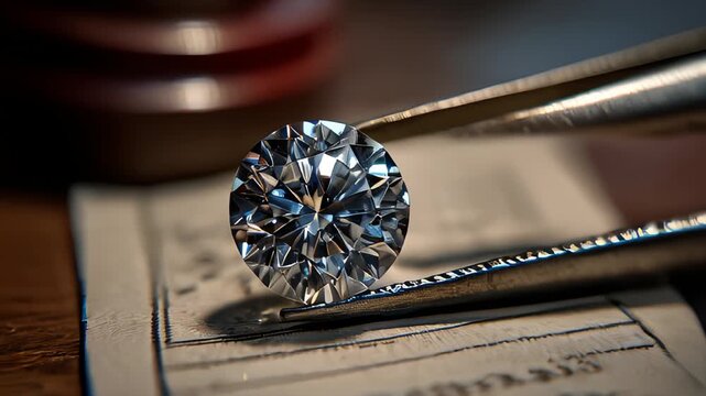 Expert gemologist examines a brilliant diamond on a wooden table in a well-lit workshop