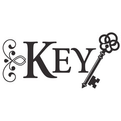 Ornate key and lettering black white