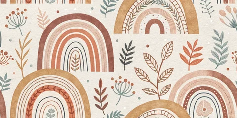 Gardinen Kinderzimmer Muster  Charming boho rainbow pattern with earthy tones and delicate botanical elements for nursery decor  © alan