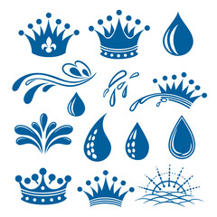 Blue crowns water drops and sunburst splashes