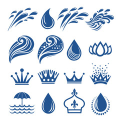 Blue water splashes drops crowns umbrella waves water drops
