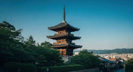 Fototapeta premium Wooden pagoda, Japan, clear blue sky