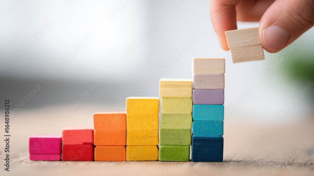 Poster close-up of colorful wooden blocks arranged in increasing height on a table representing growth and 