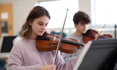 teen students seated in a bright classroom playing violins and flutes, music stands with sheet music,