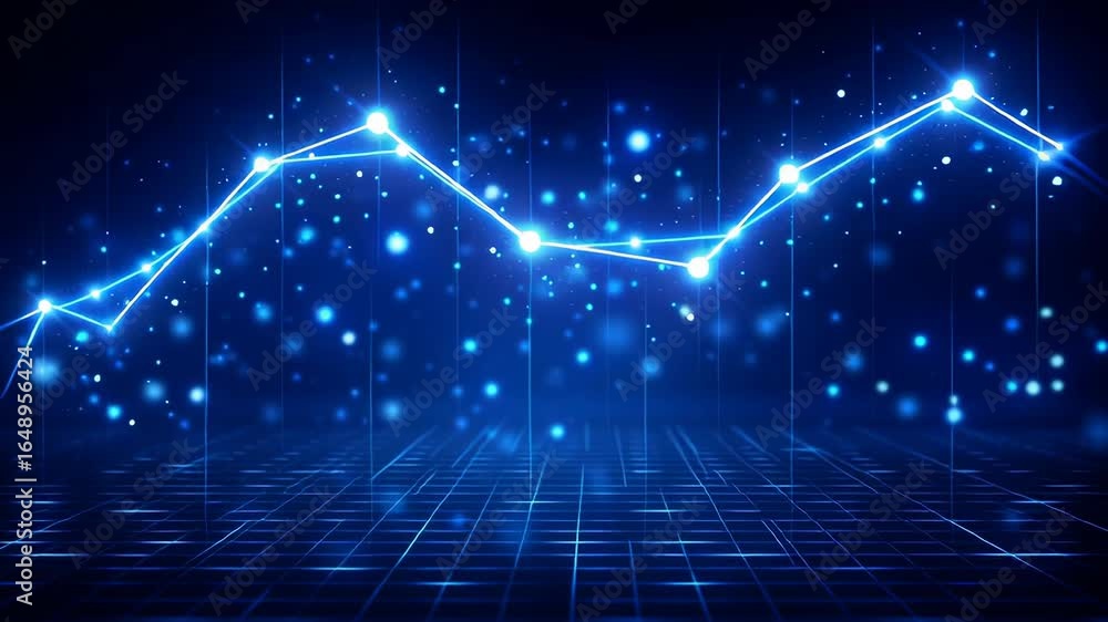 Poster line chart displays upward trend with glowing blue dots and lines. dynamic digital setting with abst