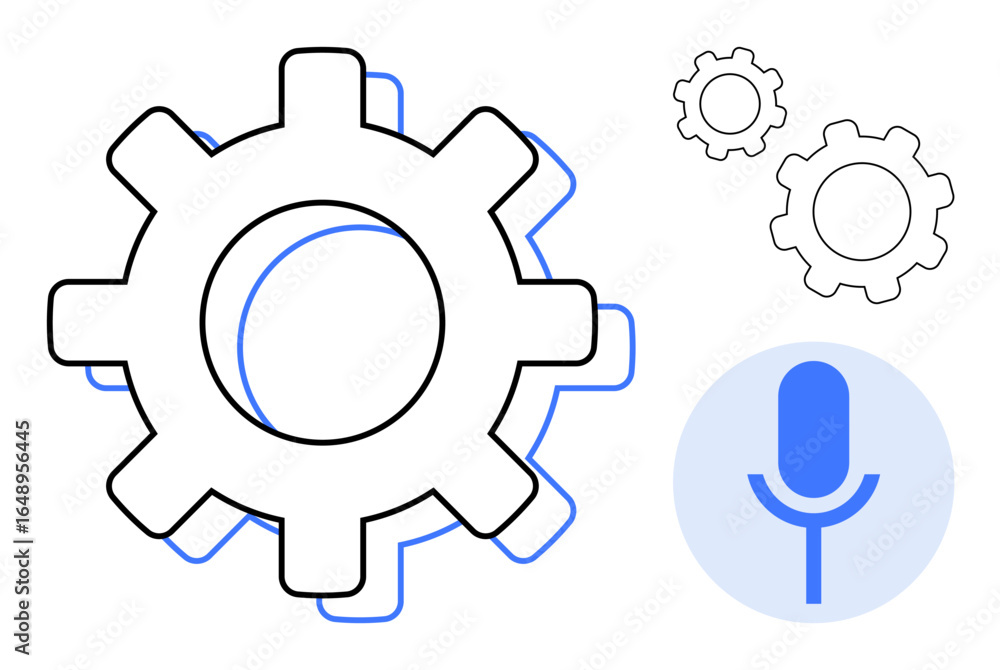 Poster gear icons and a microphone symbol with dynamic lines evoke ideas of technology, automation, innovat