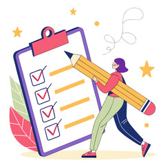 Person marking checklist with large pencil clipboard