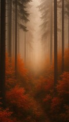 Obraz premium Misty forest with autumn foliage.