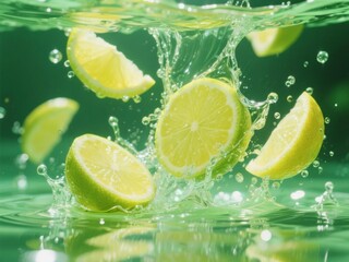 Lime Slices Splashing in Water with Vibrant Green Background