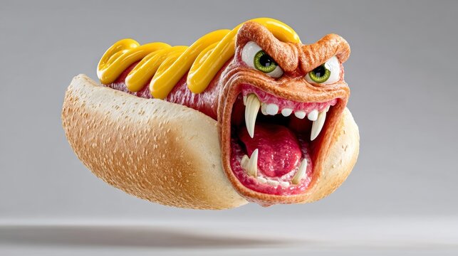 Hot dog with mustard and ketchup is shown with its mouth open and teeth bared. The hot dog is angry and ready to bite