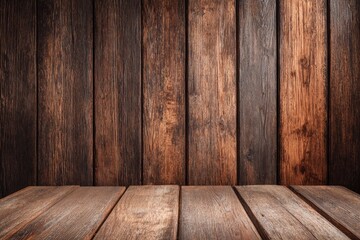 Wooden wall and floor.  A close-up view of a dark, rustic wooden wall with vertical planks.  A wooden floor, also dark and rustic, sits in front of it.  Natural wood grain visible