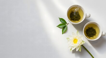 Two cups of freshly brewed green tea, accompanied by a lotus flower and tea leaves, bathed in soft sunlight.
