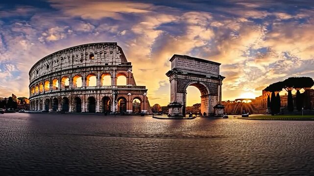 A stunning view of the Colosseum and Arch of Constantine at sunset in Rome.