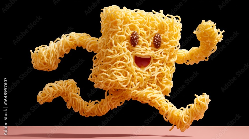 Poster cartoon character made out of noodles is running. the noodles are in different colors and are twiste