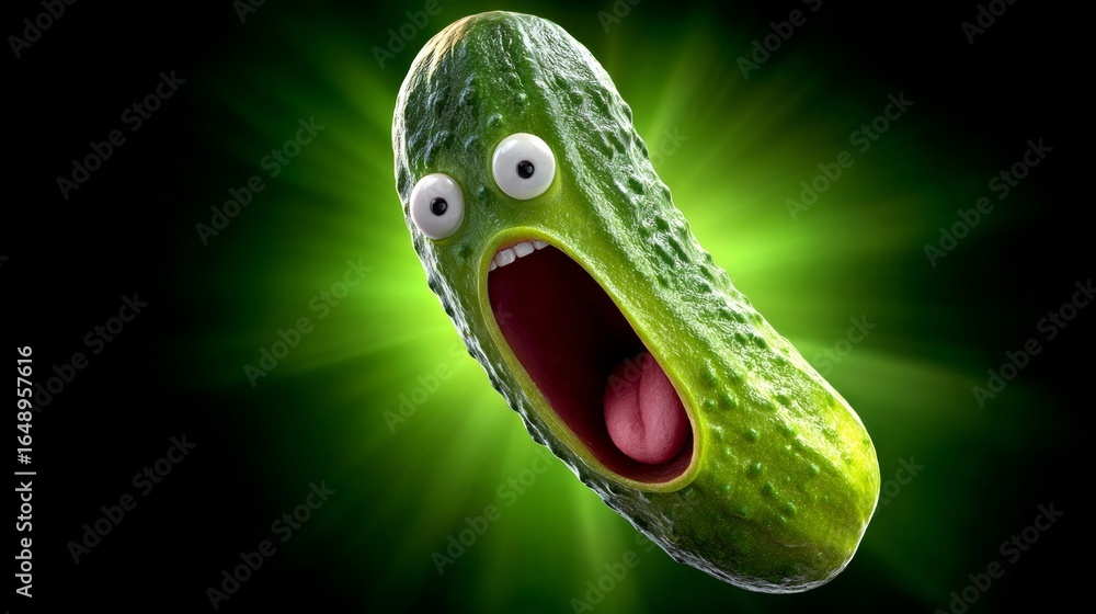 Poster green cucumber with a mouth open and eyes wide open. the cucumber is in the air and he is surprised