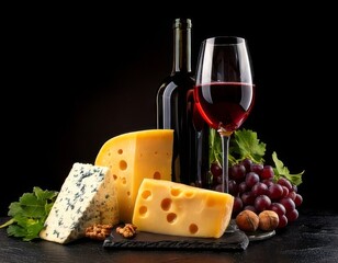 A vibrant gourmet board features a red wine bottle and wineglass alongside various cheeses, bread, and grapes