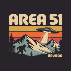 Area 51 Illustration: A retro-style illustration showcases the mystique of Area 51, featuring a UFO, silhouette of Bigfoot, and mountain backdrop, evoking curiosity and intrigue.