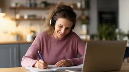 Young, happiness smiling adult student using headphones while taking notes on a laptop at home and participating in an online virtual education class meeting and e-learning webinar.  - Powered by Adobe