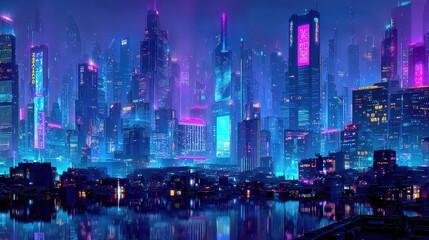 Obraz premium Neon cityscape at night, reflecting on water, futuristic buildings, urban fantasy art